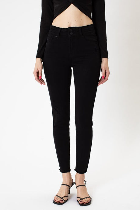 Black High Rise Hem Detail Ankle Skinny Jeans