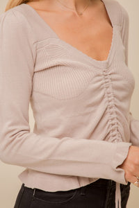 Sweetheart Neck Cinched Ruffle Sweater