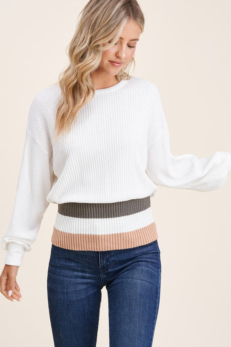 Waffle Knit Color Band Sweater