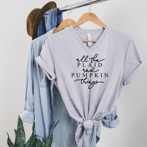 All the Plaid and Pumpkin Things V-Neck Graphic Tee