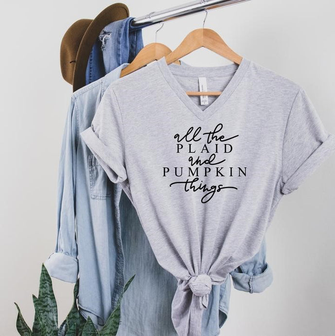 All the Plaid and Pumpkin Things V-Neck Graphic Tee
