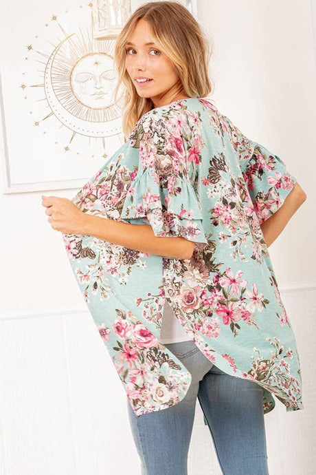 Ruffled Sleeve Floral Open Kimono