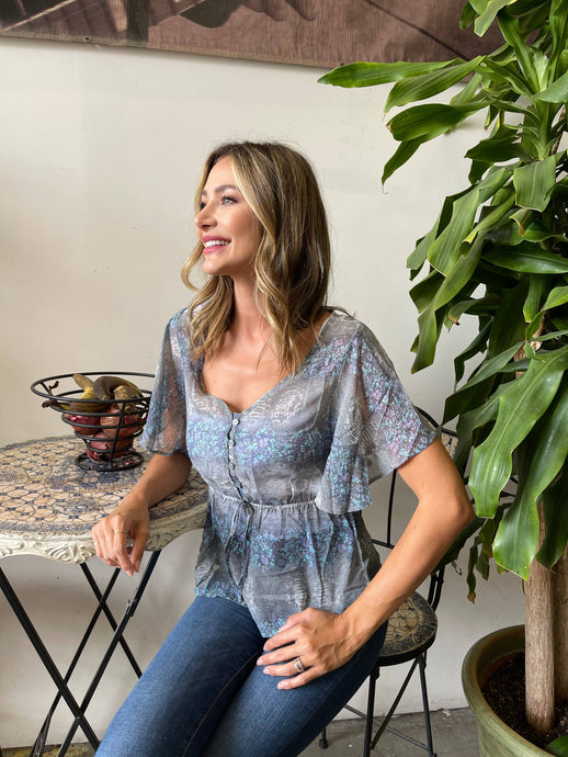 Sheer Kimono Sleeve Blouse with Tie Waist