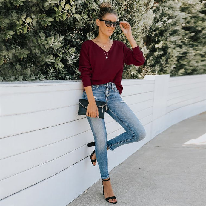 Solid Lux Back Cross V Sweater